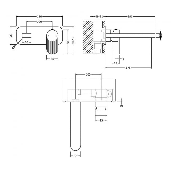 Nuie Cyprus Fluted 2-Hole Wall Mounted Basin Mixer Tap with Plate - Matt Black