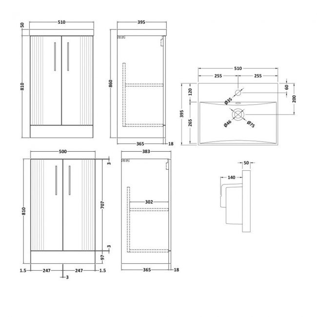 Nuie Deco Floor Standing 2-Door Vanity Unit with Basin-3 500mm Wide - Satin Grey