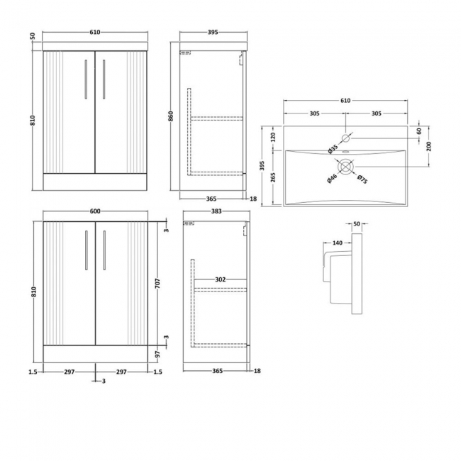 Nuie Deco Floor Standing 2-Door Vanity Unit with Basin-3 600mm Wide - Satin Blue