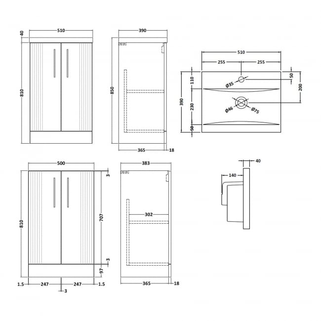 Nuie Deco Floor Standing 2-Door Vanity Unit with Basin-1 500mm Wide - Satin Green