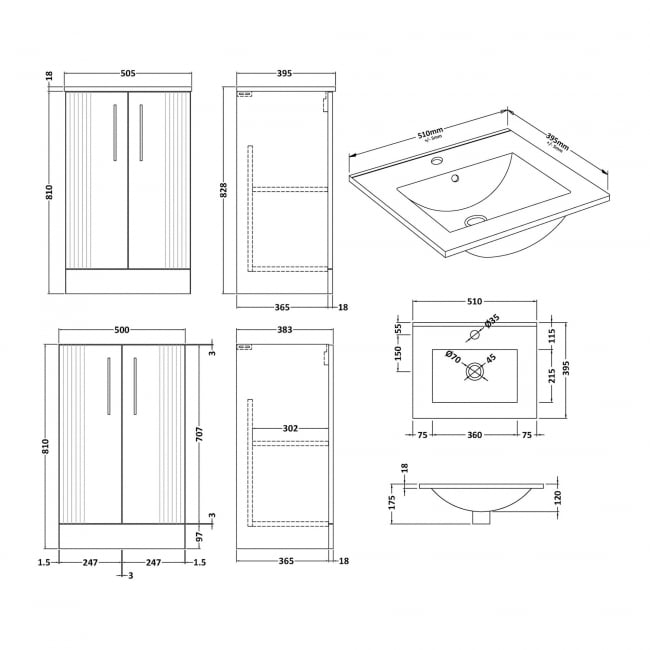 Nuie Deco Floor Standing 2-Door Vanity Unit with Basin-2 500mm Wide - Satin Anthracite