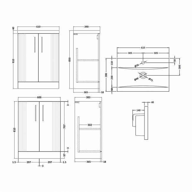 Nuie Deco Floor Standing 2-Door Vanity Unit with Basin-1 600mm Wide - Satin White