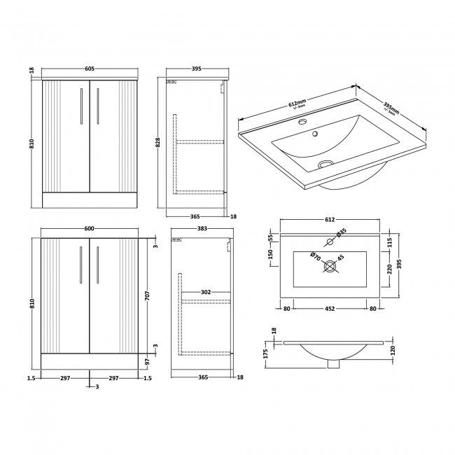 Nuie Deco Floor Standing 2-Door Vanity Unit with Basin-2 600mm Wide - Satin Grey