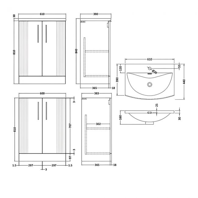 Nuie Deco Floor Standing 2-Door Vanity Unit with Basin-4 600mm Wide - Satin White