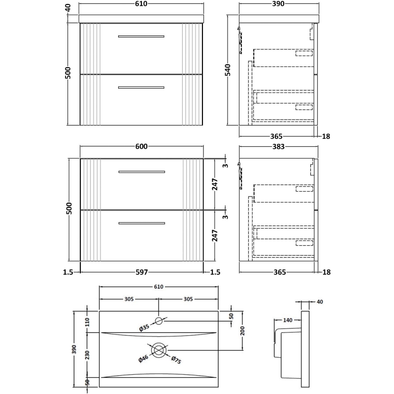 Nuie Deco Wall Hung 2-Drawer Vanity Unit with Basin-1 600mm Wide - Satin Anthracite