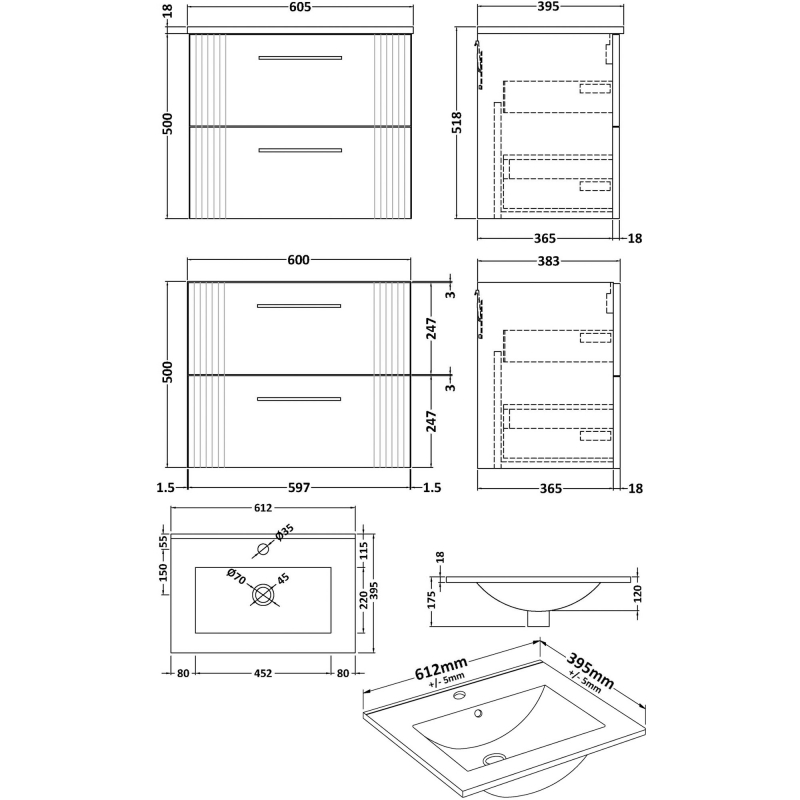 Nuie Deco Wall Hung 2-Drawer Vanity Unit with Basin-2 600mm Wide - Satin Grey