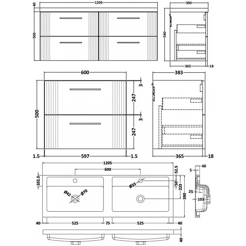 Nuie Deco Wall Hung 4-Drawer Vanity Unit with Double Polymarble Basin 1200mm Wide - Satin Blue