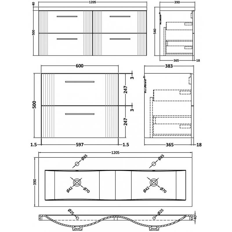 Nuie Deco Wall Hung 4-Drawer Vanity Unit with Double Ceramic Basin 1200mm Wide - Satin Blue