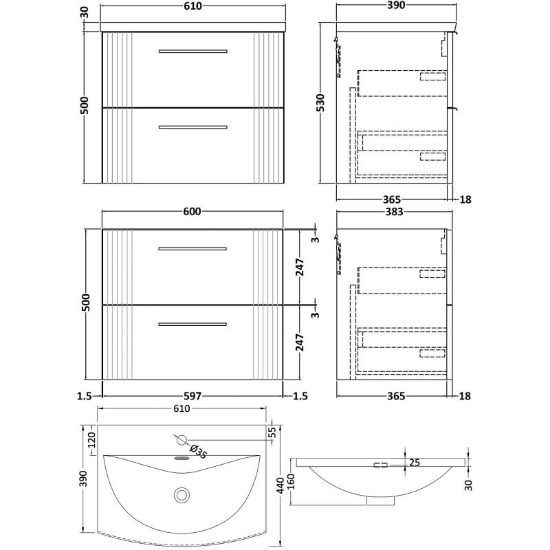 Nuie Deco Wall Hung 2-Drawer Vanity Unit with Basin-4 600mm Wide - Satin Blue