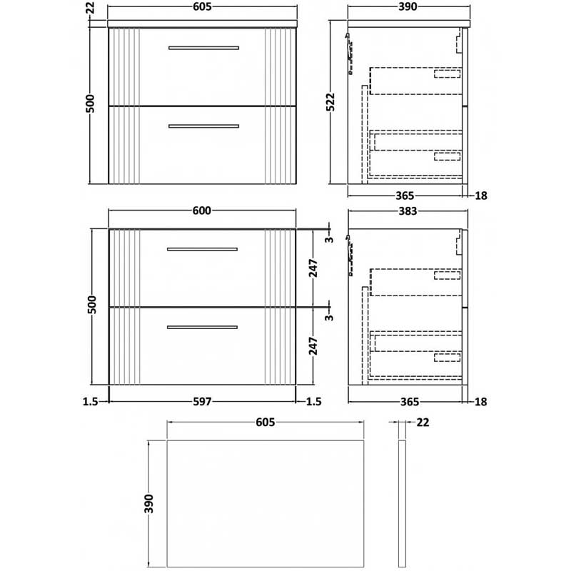 Nuie Deco Wall Hung 2-Drawer Vanity Unit with Sparkling Black Worktop 600mm Wide - Satin Anthracite