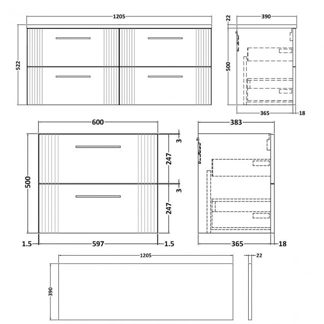 Nuie Deco Wall Hung 4-Drawer Vanity Unit with Sparkling Black Worktop 1200mm Wide - Satin Anthracite