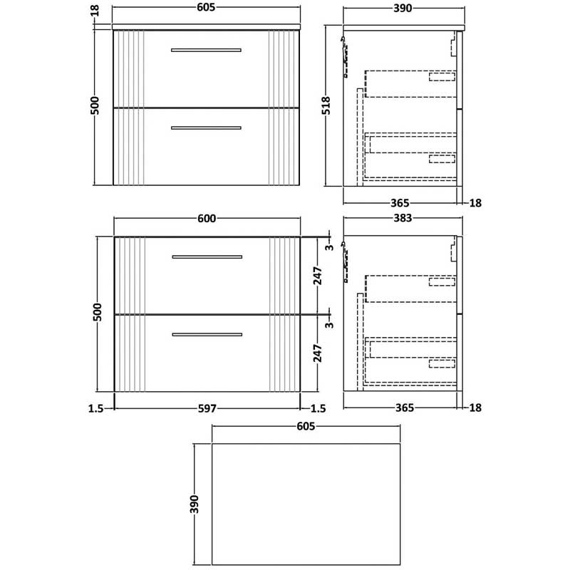 Nuie Deco Wall Hung 2-Drawer Vanity Unit with Worktop 600mm Wide - Satin Grey