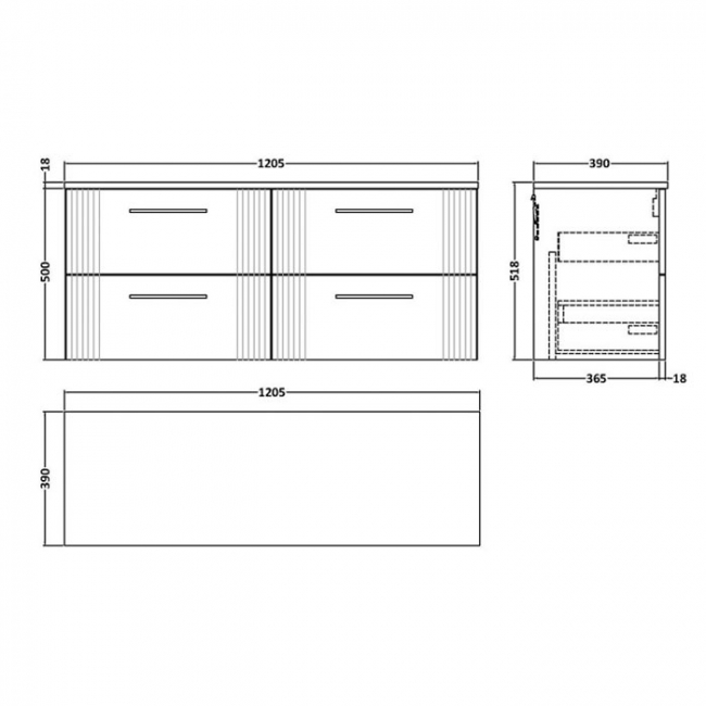 Nuie Deco Wall Hung 4-Drawer Vanity Unit with Worktop 1200mm Wide - Satin Anthracite