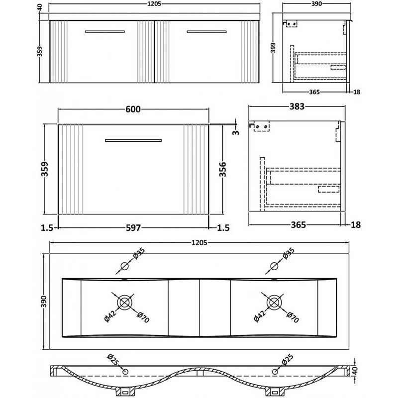 Nuie Deco Wall Hung 2-Drawer Vanity Unit with Double Ceramic Basin 1200mm Wide - Satin Grey