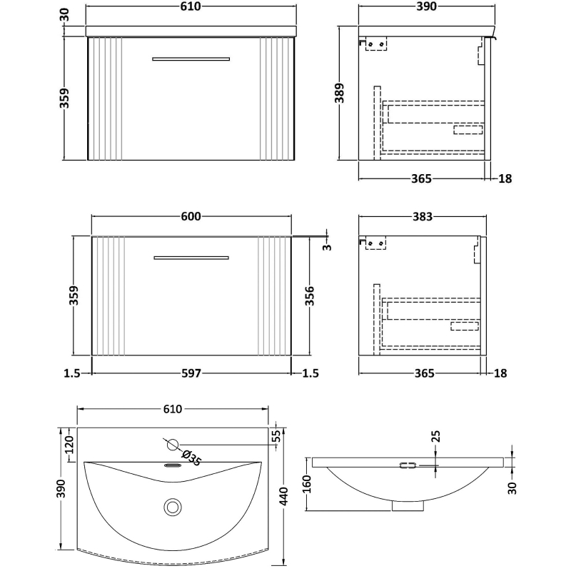 Nuie Deco Wall Hung 1-Drawer Vanity Unit with Basin-4 600mm Wide - Satin Green