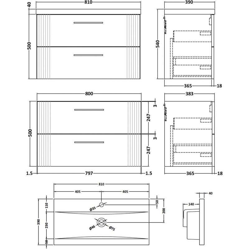 Nuie Deco Wall Hung 2-Drawer Vanity Unit with Basin-1 800mm Wide - Satin White