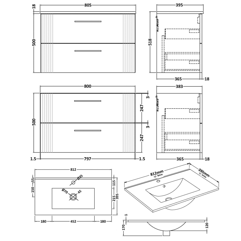 Nuie Deco Wall Hung 2-Drawer Vanity Unit with Basin-2 800mm Wide - Satin Grey