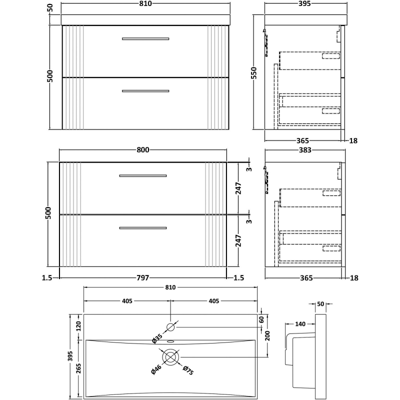 Nuie Deco Wall Hung 2-Drawer Vanity Unit with Basin-3 800mm Wide - Satin Grey