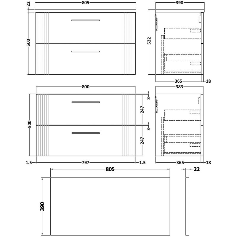 Nuie Deco Wall Hung 2-Drawer Vanity Unit with Bellato Grey Worktop 800mm Wide - Satin White