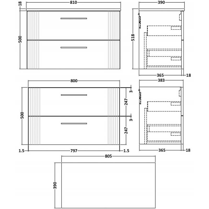 Nuie Deco Wall Hung 2-Drawer Vanity Unit with Worktop 800mm Wide - Satin Green