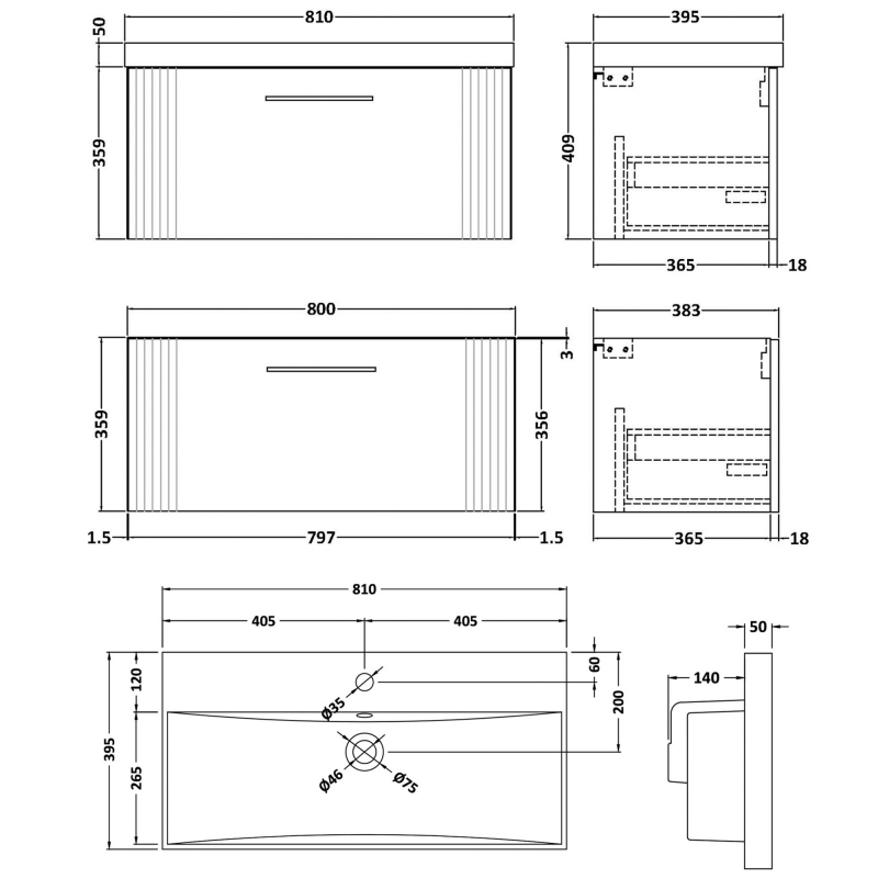 Nuie Deco Wall Hung 1-Drawer Vanity Unit with Basin-3 800mm Wide - Satin Grey