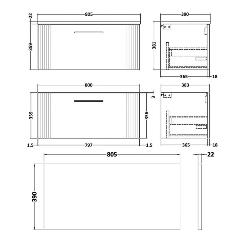 Nuie Deco Wall Hung 1-Drawer Vanity Unit with Sparkling Black Worktop 800mm Wide - Satin Grey