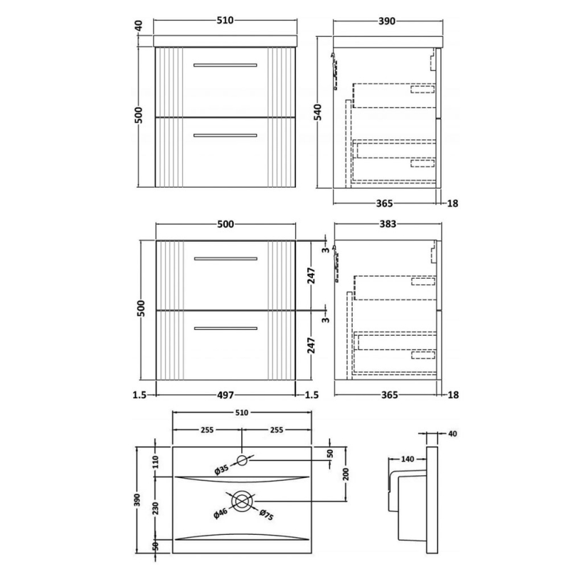 Nuie Deco Wall Hung 2-Drawer Vanity Unit with Basin-1 500mm Wide - Satin Grey