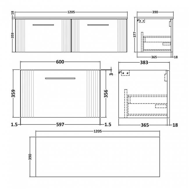 Nuie Deco Wall Hung 2-Drawer Vanity Unit with Worktop 1200mm Wide - Satin White