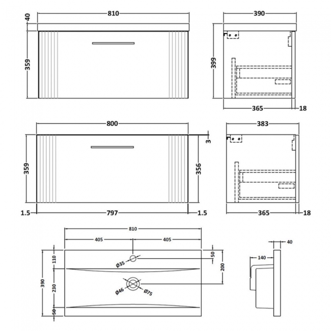 Nuie Deco Wall Hung 1-Drawer Vanity Unit with Basin-1 800mm Wide - Satin Grey