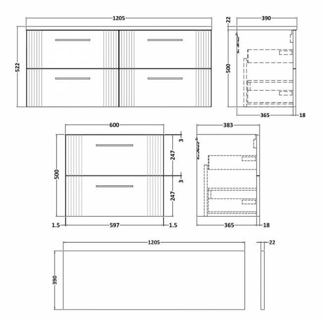 Nuie Deco Wall Hung 4-Drawer Vanity Unit with Carrera Marble Worktop 1200mm Wide - Satin White