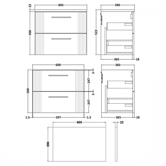 Nuie Deco Wall Hung 2-Drawer Vanity Unit with Carrera Marble Worktop 600mm Wide - Satin Green