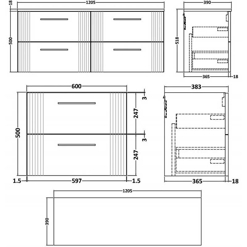 Nuie Deco Wall Hung 4-Drawer Vanity Unit with Worktop 1200mm Wide - Satin White