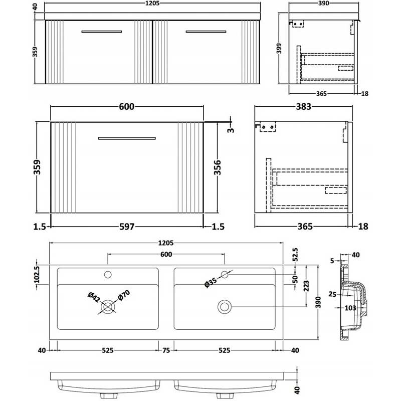 Nuie Deco Wall Hung 2-Drawer Vanity Unit with Double Polymarble Basin 1200mm Wide - Satin Grey