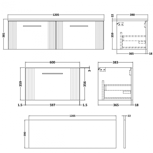 Nuie Deco Wall Hung 2-Drawer Vanity Unit with Bellato Grey Worktop 1200mm Wide - Satin Green