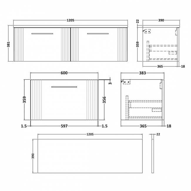 Nuie Deco Wall Hung 2-Drawer Vanity Unit with Sparkling Black Worktop 1200mm Wide - Satin Green