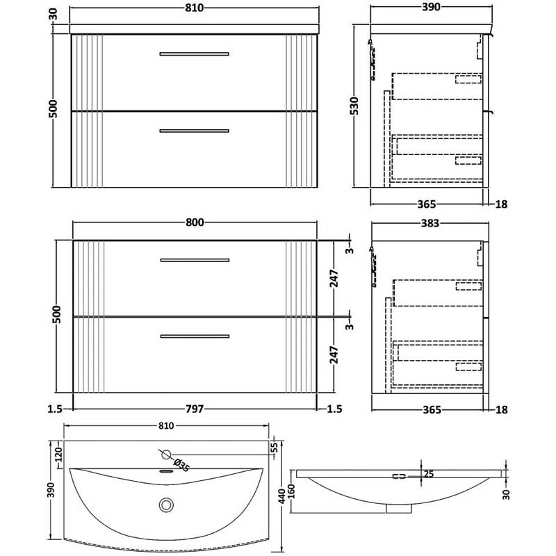 Nuie Deco Wall Hung 2-Drawer Vanity Unit with Basin-4 800mm Wide - Satin Anthracite