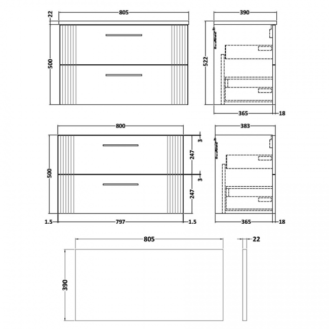 Nuie Deco Wall Hung 2-Drawer Vanity Unit with Carrera Marble Worktop 800mm Wide - Satin Grey