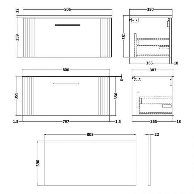 Nuie Deco Wall Hung 1-Drawer Vanity Unit with Carrera Marble Worktop 800mm Wide - Satin Anthracite