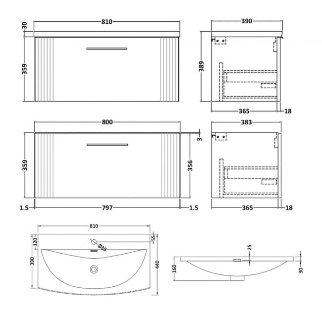 Nuie Deco Wall Hung 1-Drawer Vanity Unit with Basin-4 800mm Wide - Satin White