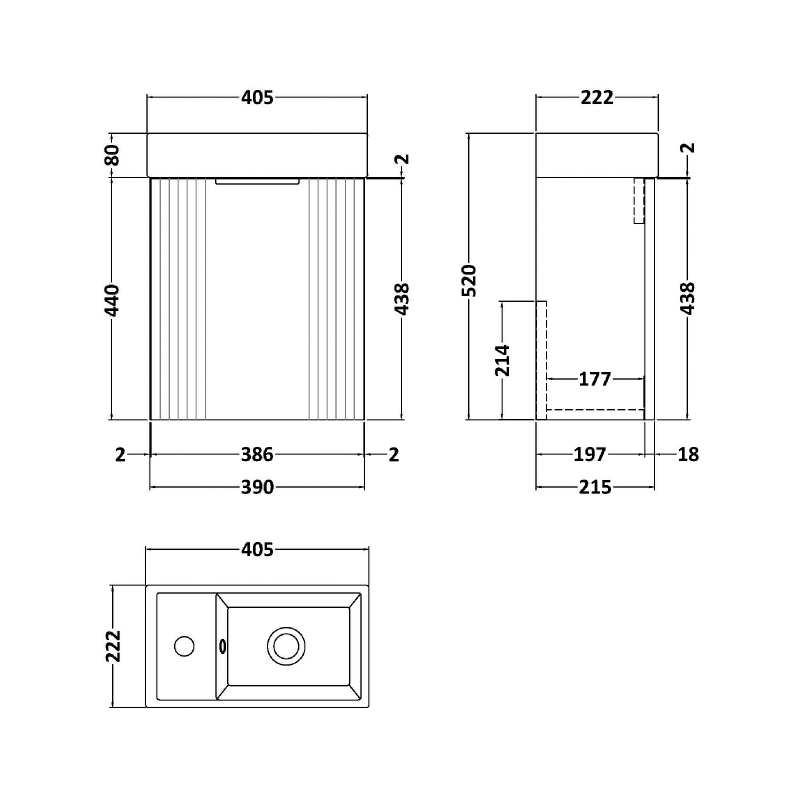 Nuie Deco Compact Wall Hung 1-Door Vanity Unit with Basin 400mm Wide - Satin Blue