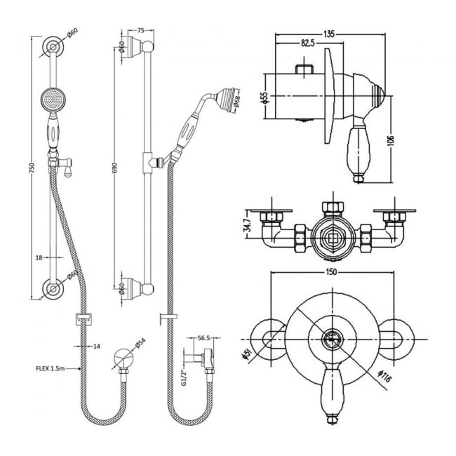 Nuie Edwardian Round Manual Concealed Shower Valve with Slider Rail Kit - Chrome