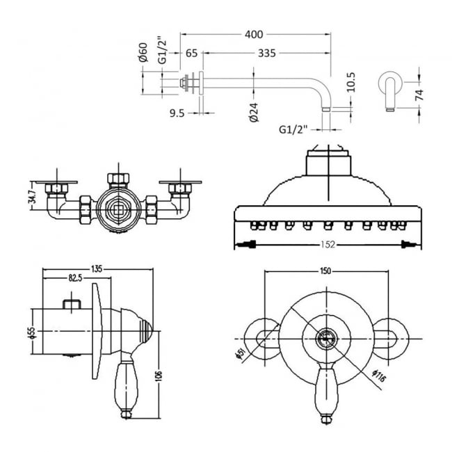 Nuie Edwardian Round Manual Concealed Shower Valve with Fixed Head and Arm - Chrome