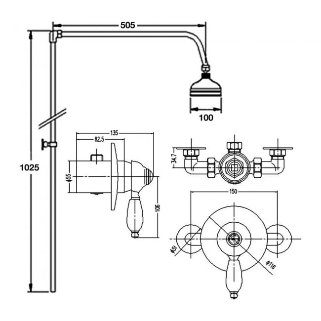 Nuie Edwardian Round Manual Exposed Shower Valve with Rigid Riser Kit - Chrome