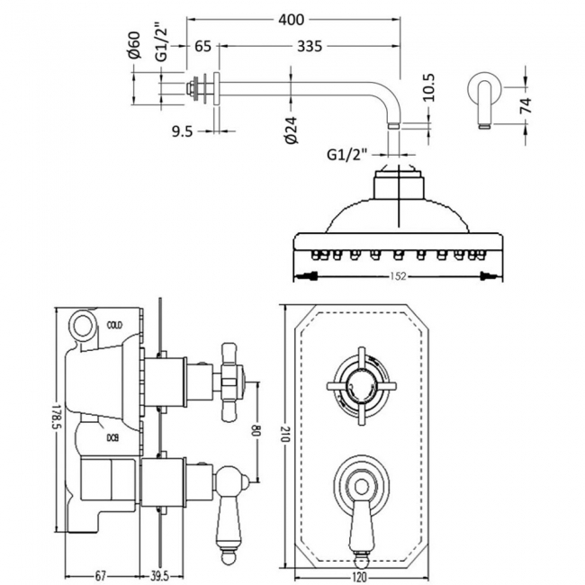 Nuie Edwardian Twin Square Thermostatic Concealed Shower Valve with Fixed Head and Arm - Chrome