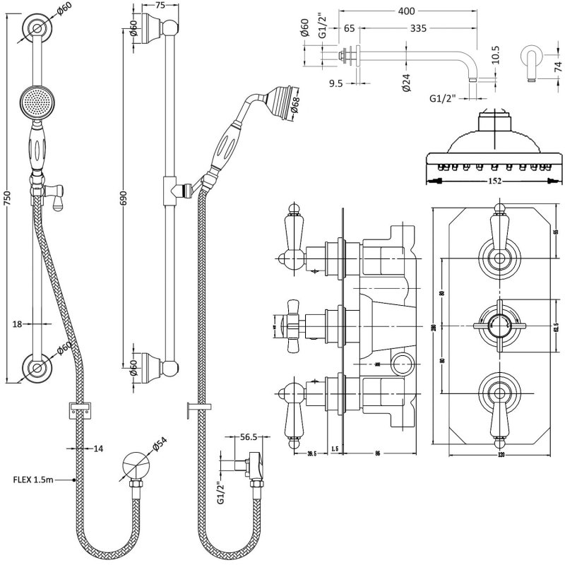 Nuie Edwardian Triple Thermostatic Concealed Complete Mixer Shower - Chrome