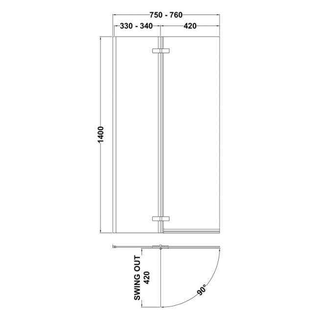 Nuie Ella Bath Screen with Hinged End Panel 1400mm H x 760mm W - 5mm Glass