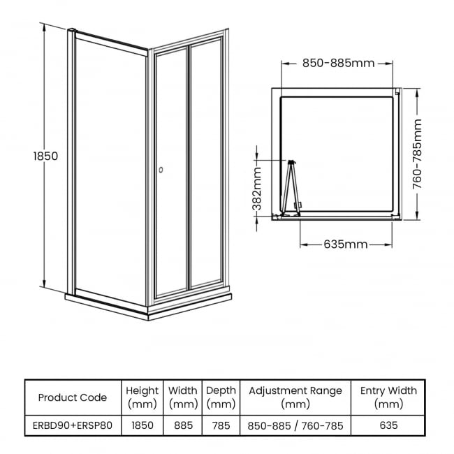 Nuie Ella Bi-Fold Door Rectangular Shower Enclosure 900mm x 800mm - 5mm Glass