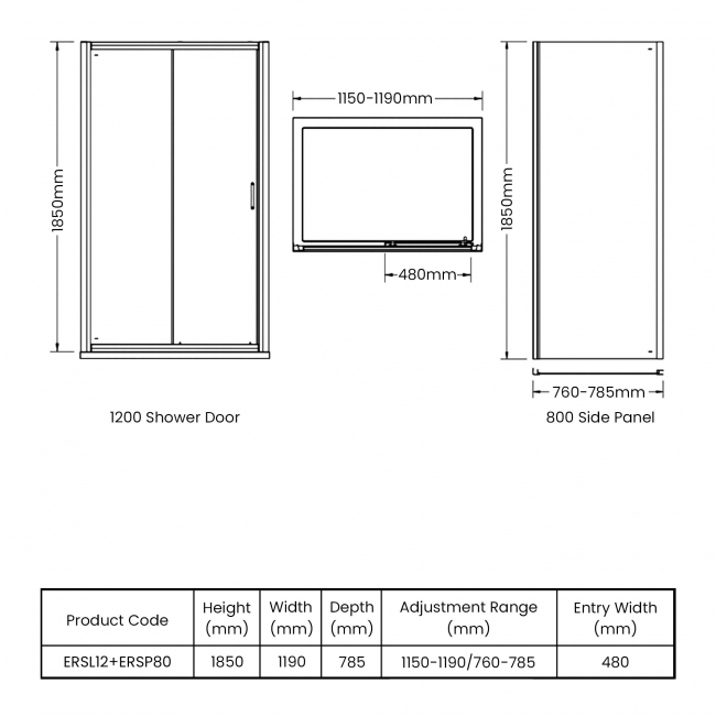 Nuie Ella Sliding Door Rectangular Shower Enclosure 1200mm x 800mm - 5mm Glass