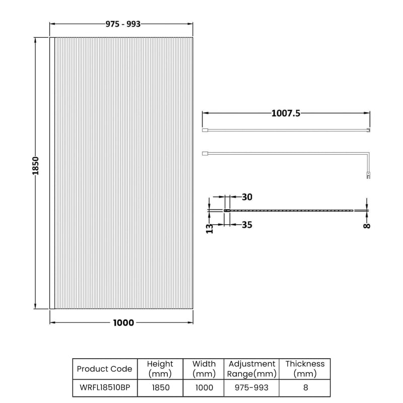 Nuie Fluted Wet Room Panel | WRFL18510BP | 1000mm | 8mm | Clear