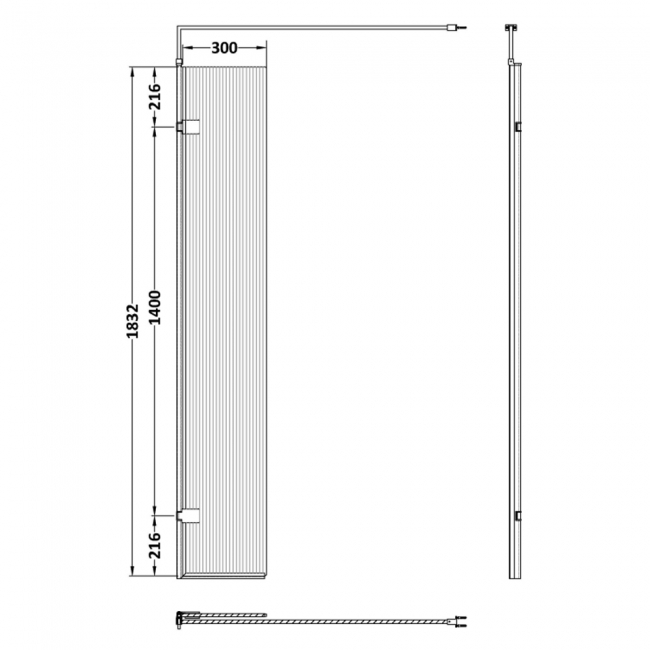 Nuie Fluted Wet Room Hinged Return Panel 1850mm High x 300mm Wide with Support Bar 8mm Glass - Polished Chrome